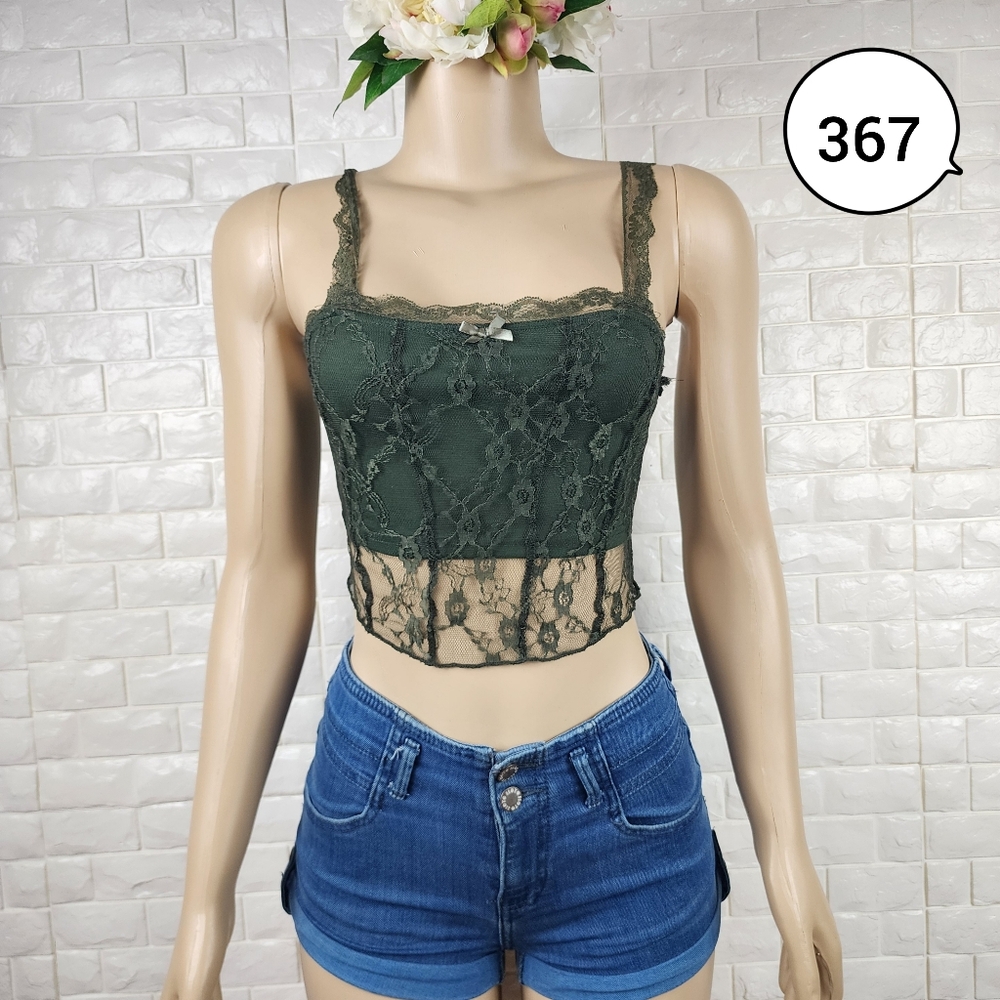 romwe xs dark green lace crop top